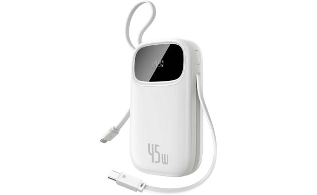 Baseus Qpow 3 Digital Display Power Bank with 2 Built-in USB-C Cables 10000mAh 45W Cosmic - White